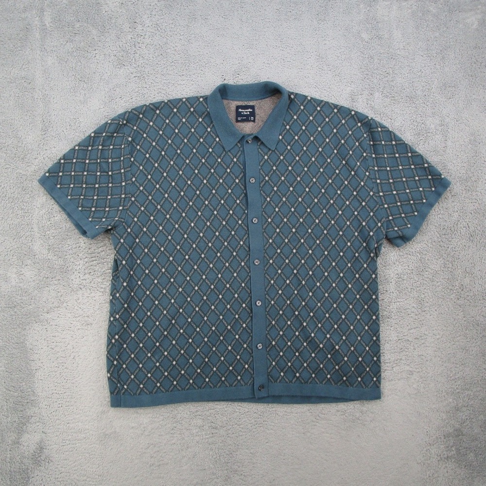 Abercrombie & Fitch Mens XXL Teal Blue Diamond Knit Short Sleeve Button Up Shirt